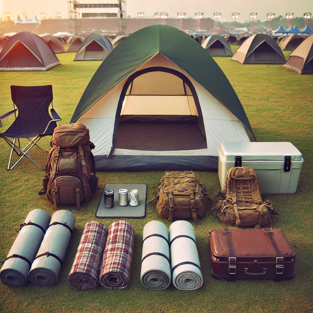 Campingausrüstung vor einem Zelt auf einem Festivalgelände: Rucksäcke, Isomatten, Kühlbox, Schlafsäcke und Dosengetränke.