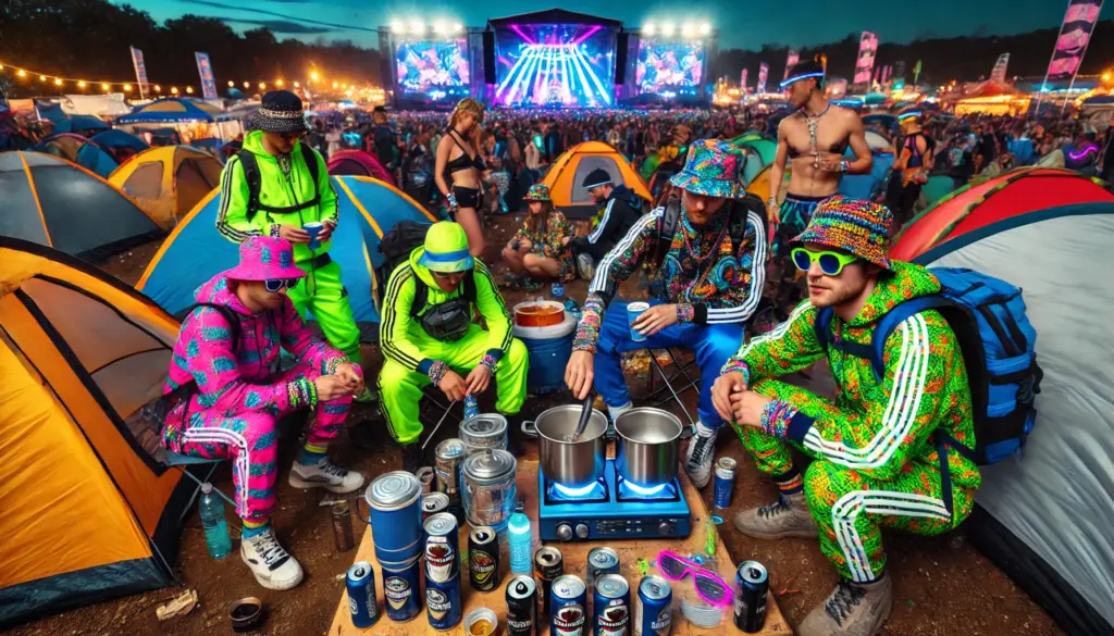Festival-Camping: Junge Raver in bunten Outfits kochen am Gaskocher, umgeben von Zelten, Dosen und feiernder Menge.