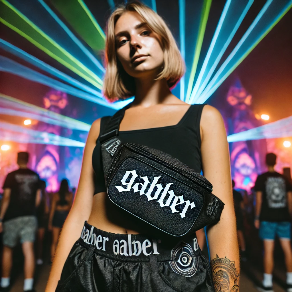 Junge Frau mit Festival Bauchtasche im Gabber-Style vor einer Bühne mit Lasershow, umgeben von Festivalbesuchern.